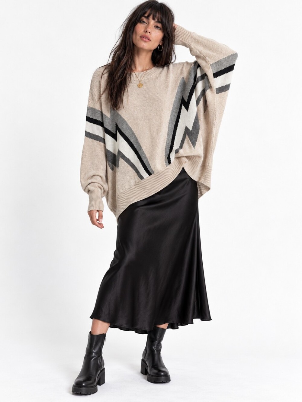 L+t 100% Cotton Oversized Geometric Dolman Sweater Cream Small